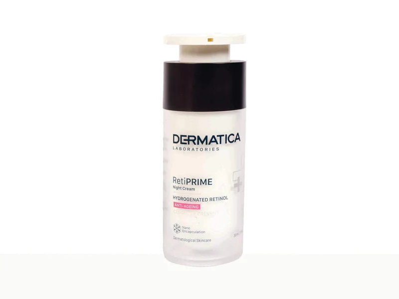 Dermatica RetiPrime Serum bottle from Copperpods Cosmetics Pvt Ltd with a sleek, modern design on a white background.