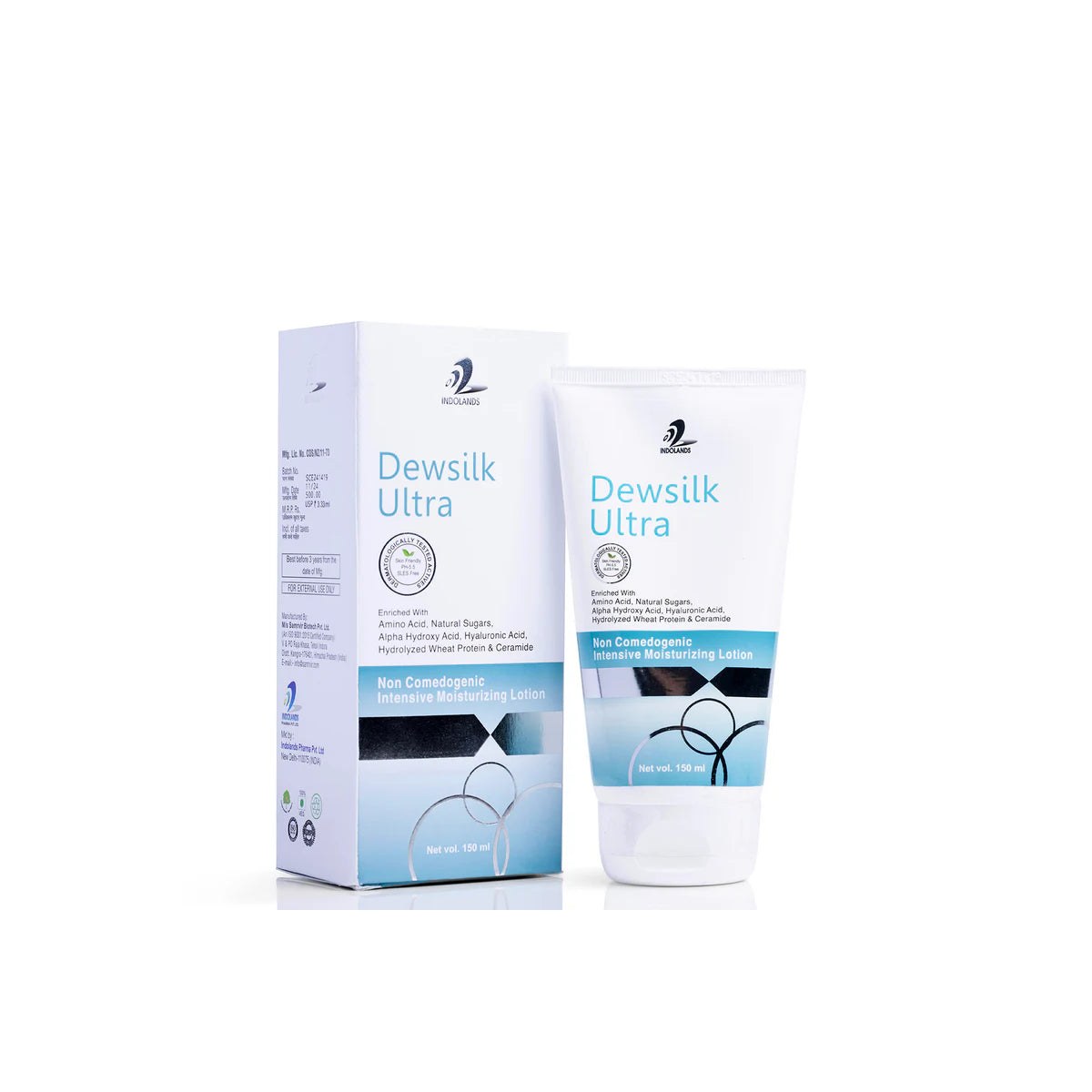 Allodermis Dewsilk Ultra Moisturizing Lotion bottle with pump, smooth and hydrating skincare product for soft skin.