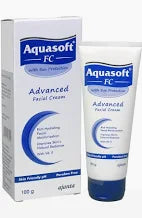 Cream jar labeled Aquasoft FC Advanced Facial Cream by Ajanta Pharma Limited, with a smooth, creamy texture visible in the image