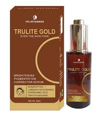 Allodermis Trulite Gold Serum in a sleek dropper bottle, highlighting its luxurious gold-infused skincare formula.
