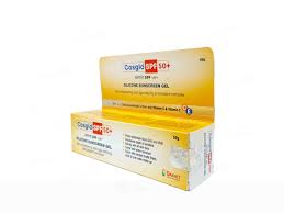 Aurochem Cosglo Silicone Sunscreen Gel SPF 50+ in a clear tube, showing smooth gel texture and SPF label on the packaging.