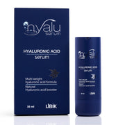 Allodermis Ethiglo Hyalu Serum bottle with dropper, showcasing clear gel formula for skin hydration and anti-aging benefits.