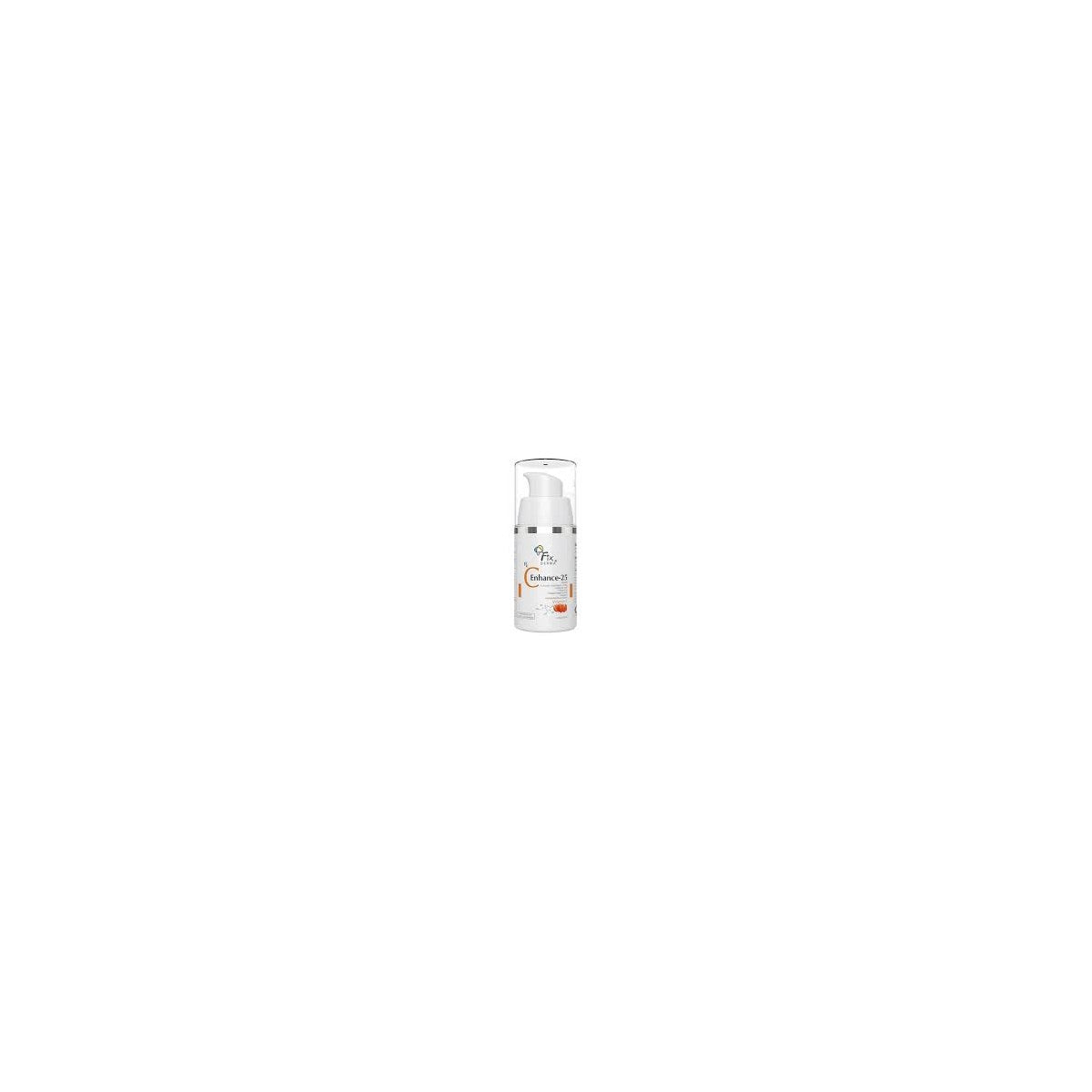 Fixderma C Enhance 25 Serum for skin pigmentation, featuring a clear dropper bottle with bright orange label and serum inside