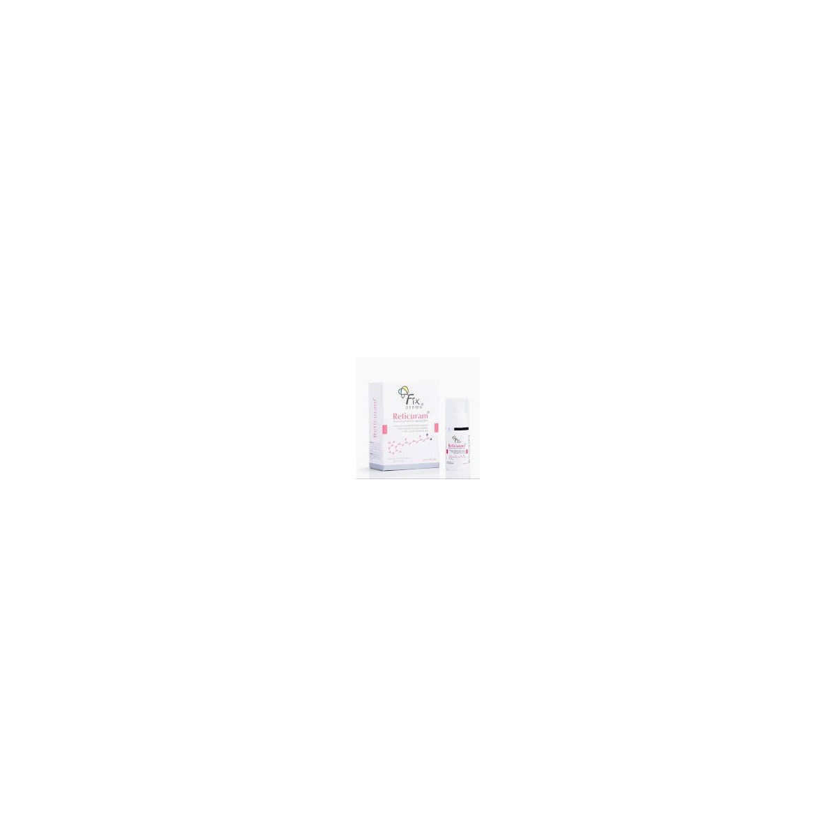 Fixderma Reticuram serum for aging skin in a sleek bottle, shown with a dropper and smooth, radiant skin backdrop.