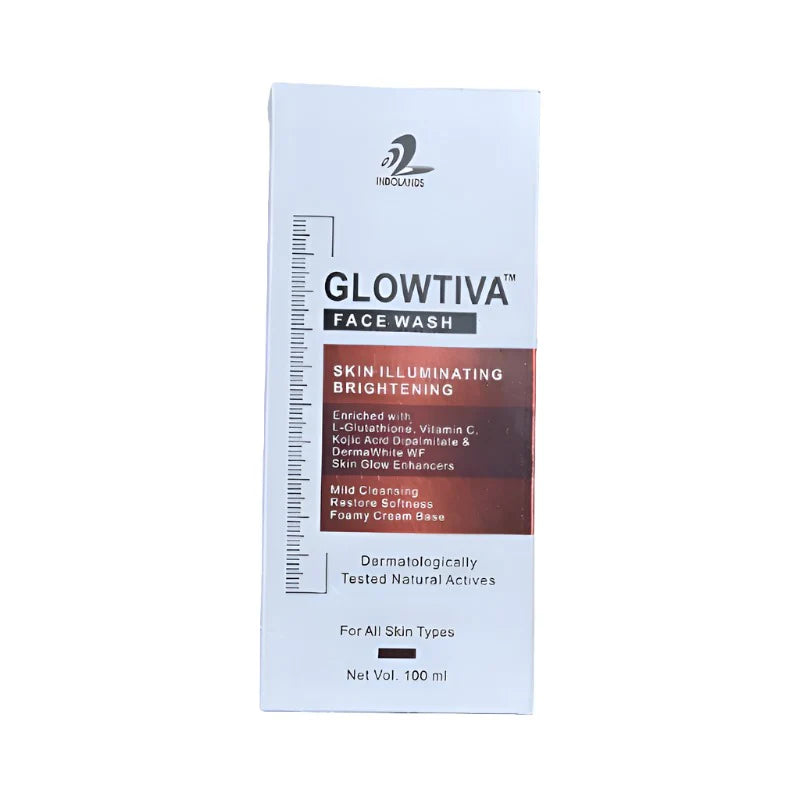 Glowtiva Face Wash by M/s Samvir Biotech Pvt. Ltd., showing a clear bottle of facial cleanser with a white cap and label.