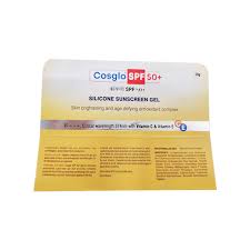 Aurochem Cosglo Silicone Sunscreen Gel SPF 50+ in a clear tube, showing smooth, transparent gel inside.