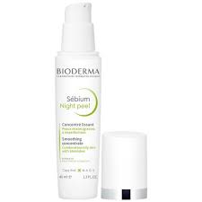 Bioderma Sebium Night Peel by NAOS LES LABORATOIRES, close-up of the skincare product bottle with label on a white background.