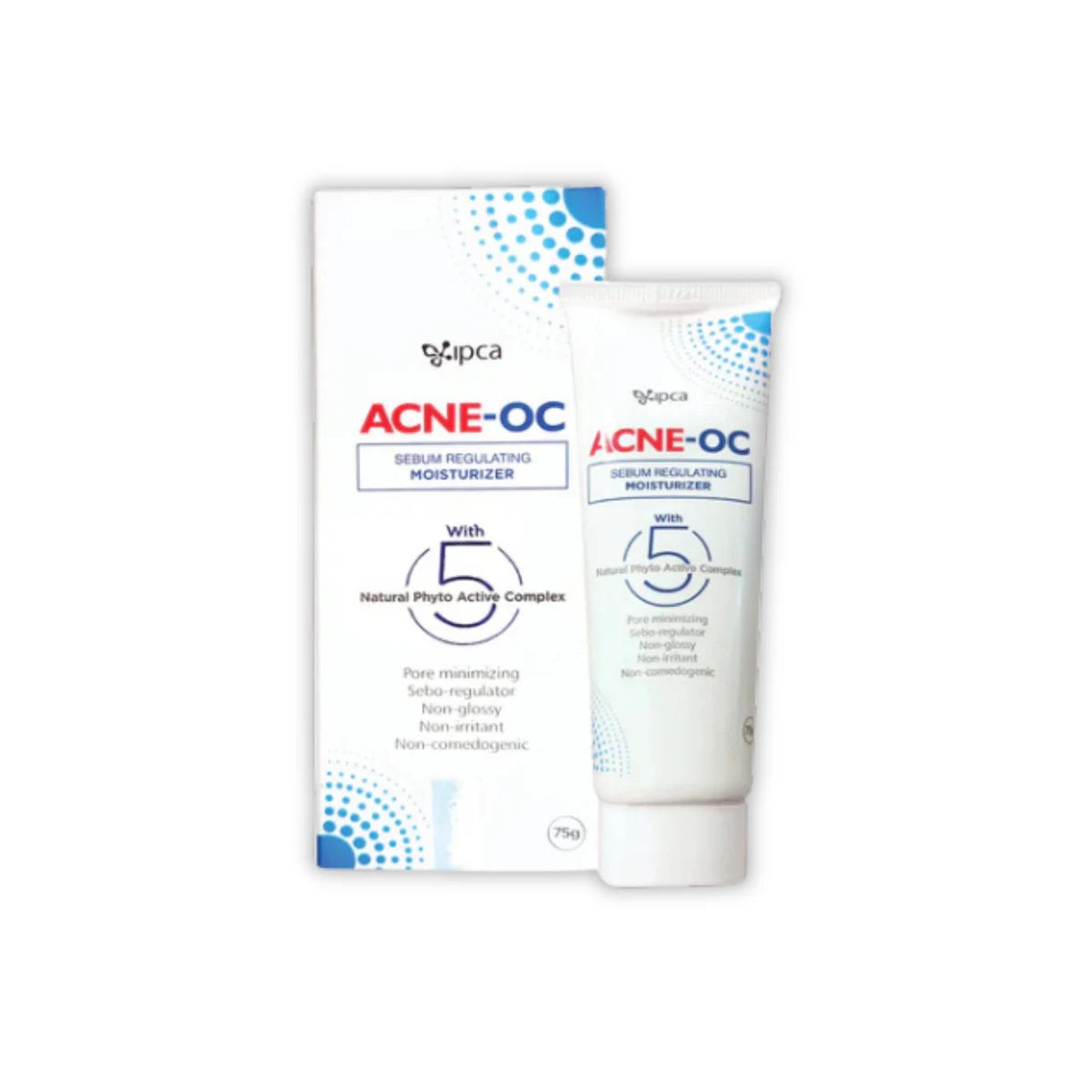IPCA Acne-OC Sebum Regulating Moisturizer by Alaina Healthcare Pvt. Ltd., showing a white jar with a blue label on a white background.