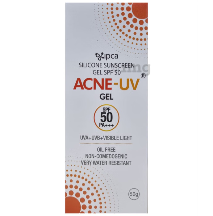 Allodermis Ipca Acne UV Gel SPF 50 sunscreen tube with clear labeling, designed for acne-prone skin protection against UV rays