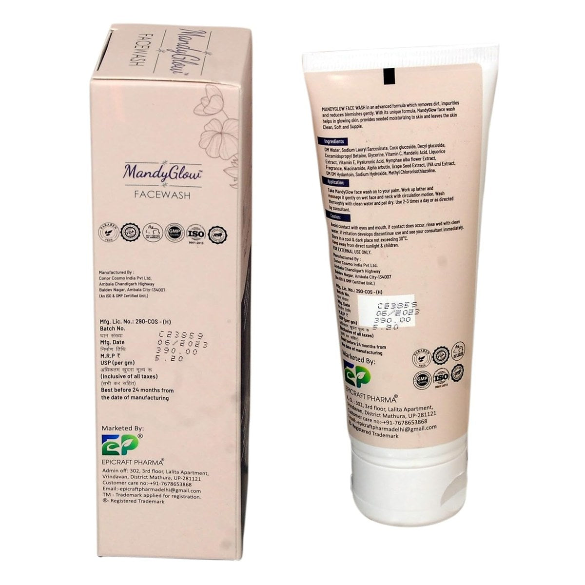Conor Cosmo India Mandy Glow Facewash in a white tube with pink accents, designed for gentle cleansing and glowing skin.