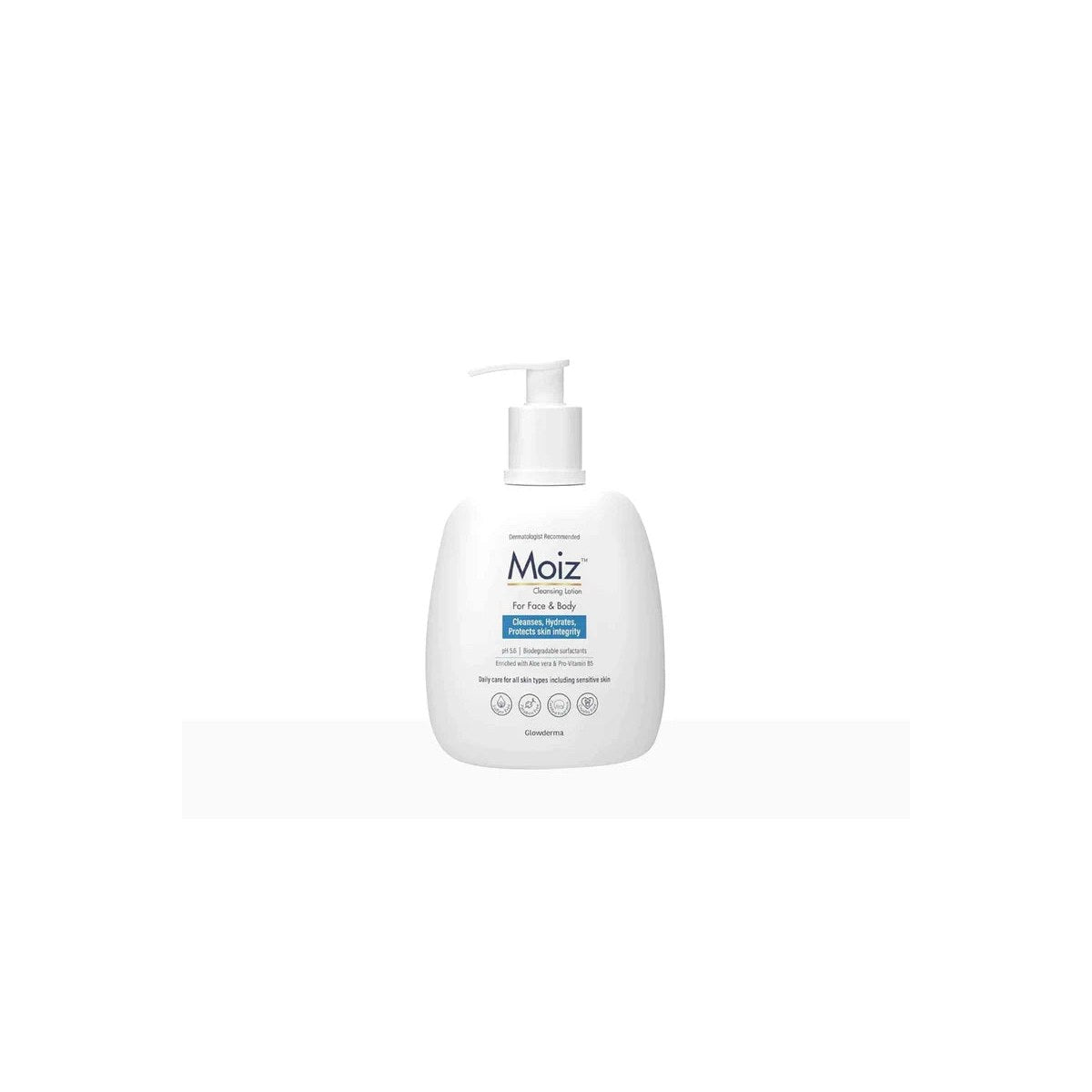 Dermalogics Moiz Cleansing Lotion bottle, front view showing the label and packaging for gentle skincare.