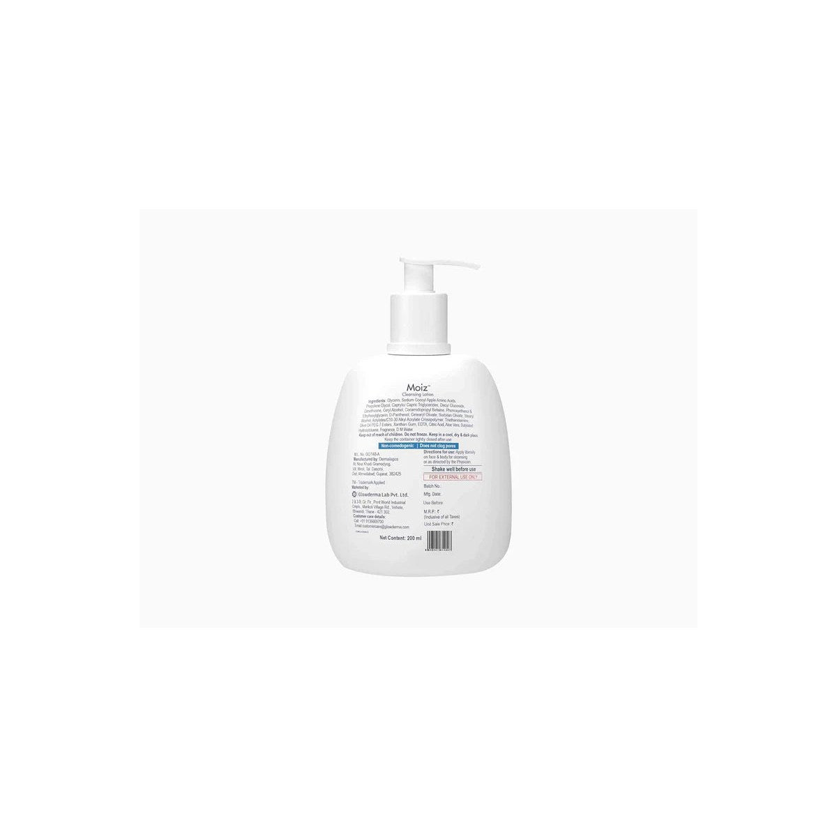 Dermalogics Moiz Cleansing Lotion bottle with front label showing, placed on a white background.