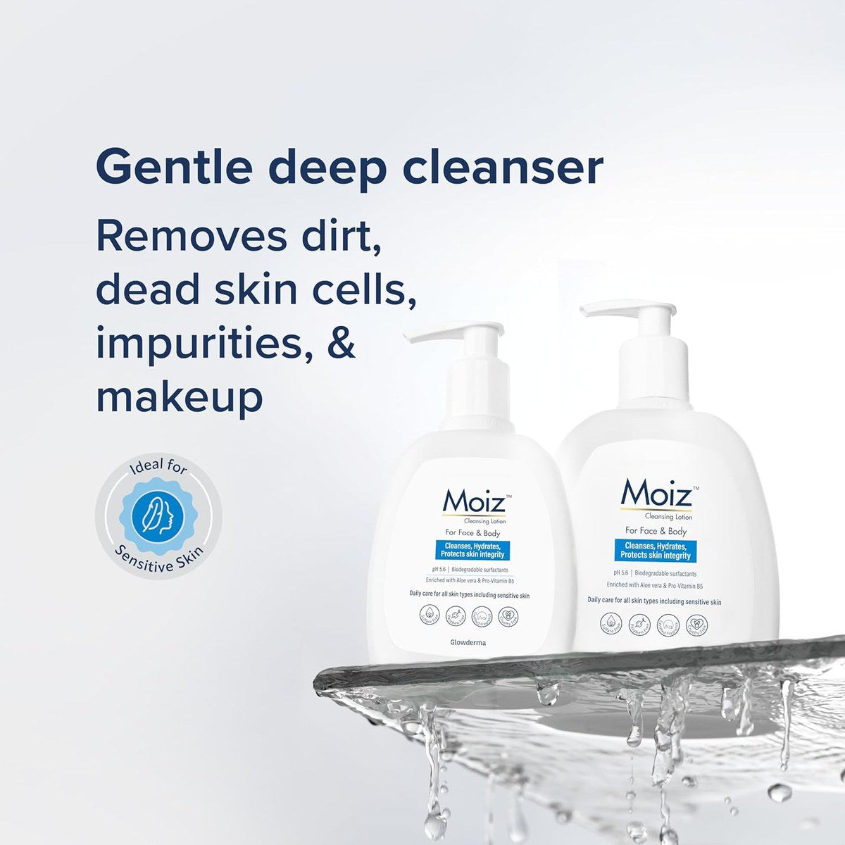 Dermalogics Moiz Cleansing Lotion bottle with pump dispenser, clear liquid cleanser for skin care, on a white background.