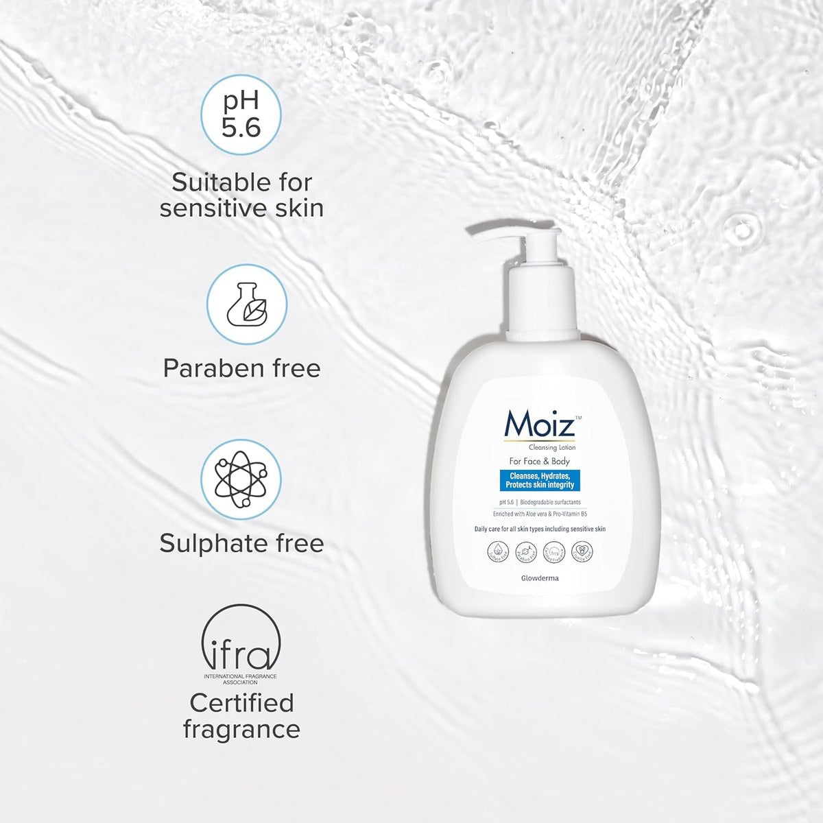 Dermalogics Moiz Cleansing Lotion bottle with white pump, clear liquid inside, on a light background.