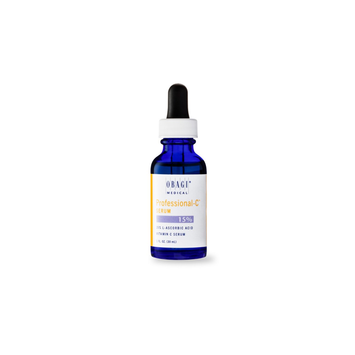 Allodermis OBAGI Professional-C 15% Vitamin C Serum bottle, clear bottle with white cap, displaying bright orange label.