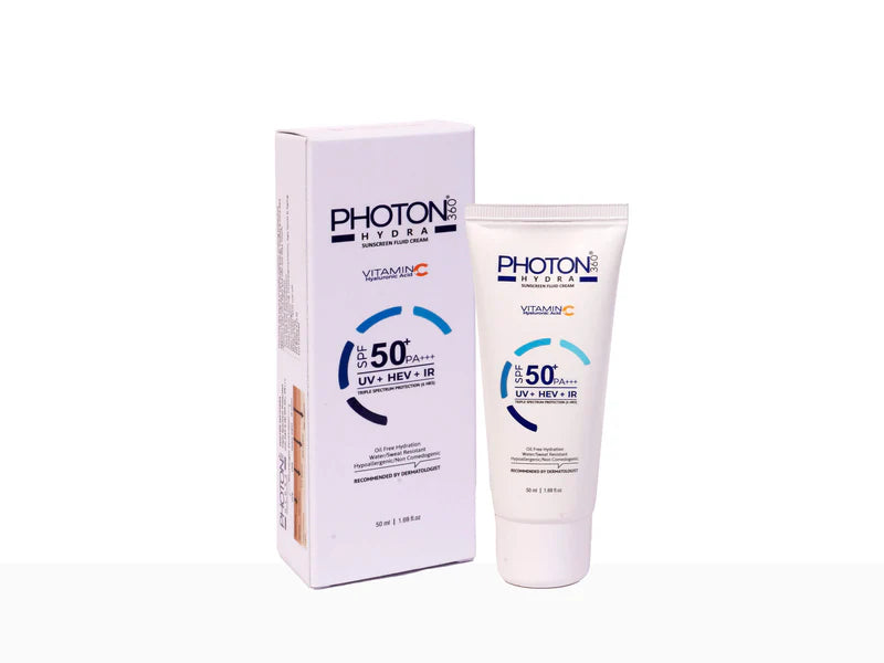 Aclaris Photon 360 Hydra Sunscreen Fluid Cream SPF 50+ in a sleek bottle, designed for broad-spectrum sun protection and hydration.