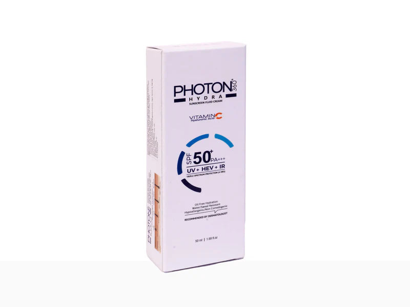 Aclaris Photon 360 Hydra Sunscreen Fluid Cream SPF 50+ in a pump bottle, showing the sleek packaging and product label.