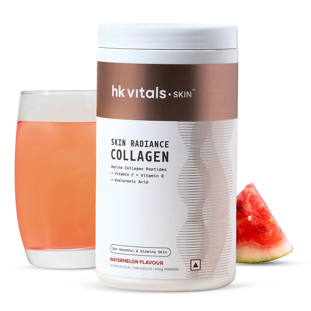 Allodermis Skin Radiance Collagen powder with watermelon flavor, featuring marine collagen in a 400g container.