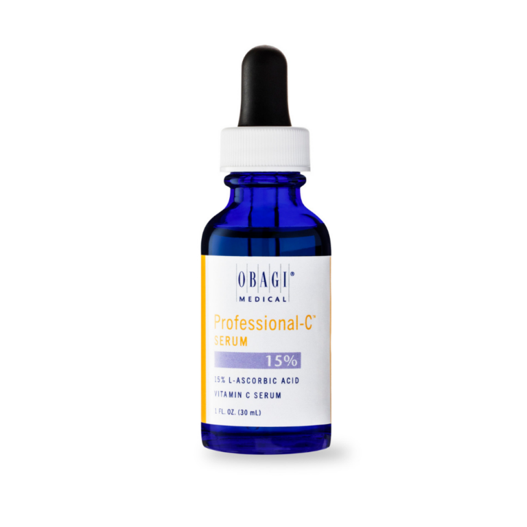 Allodermis OBAGI Professional-C 15% Vitamin C Serum bottle, clear bottle with white cap, displaying bright orange label.