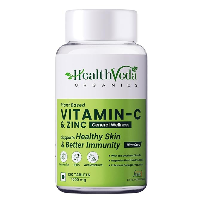 Allodermis Health Veda Organics Natural Vitamin C 1000 mg supplement bottle with label and capsules visible.