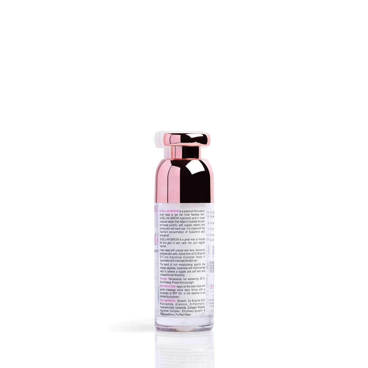 Senechio Pharma Q Cell Serum in a clear glass bottle with dropper, showcasing its sleek design and label.