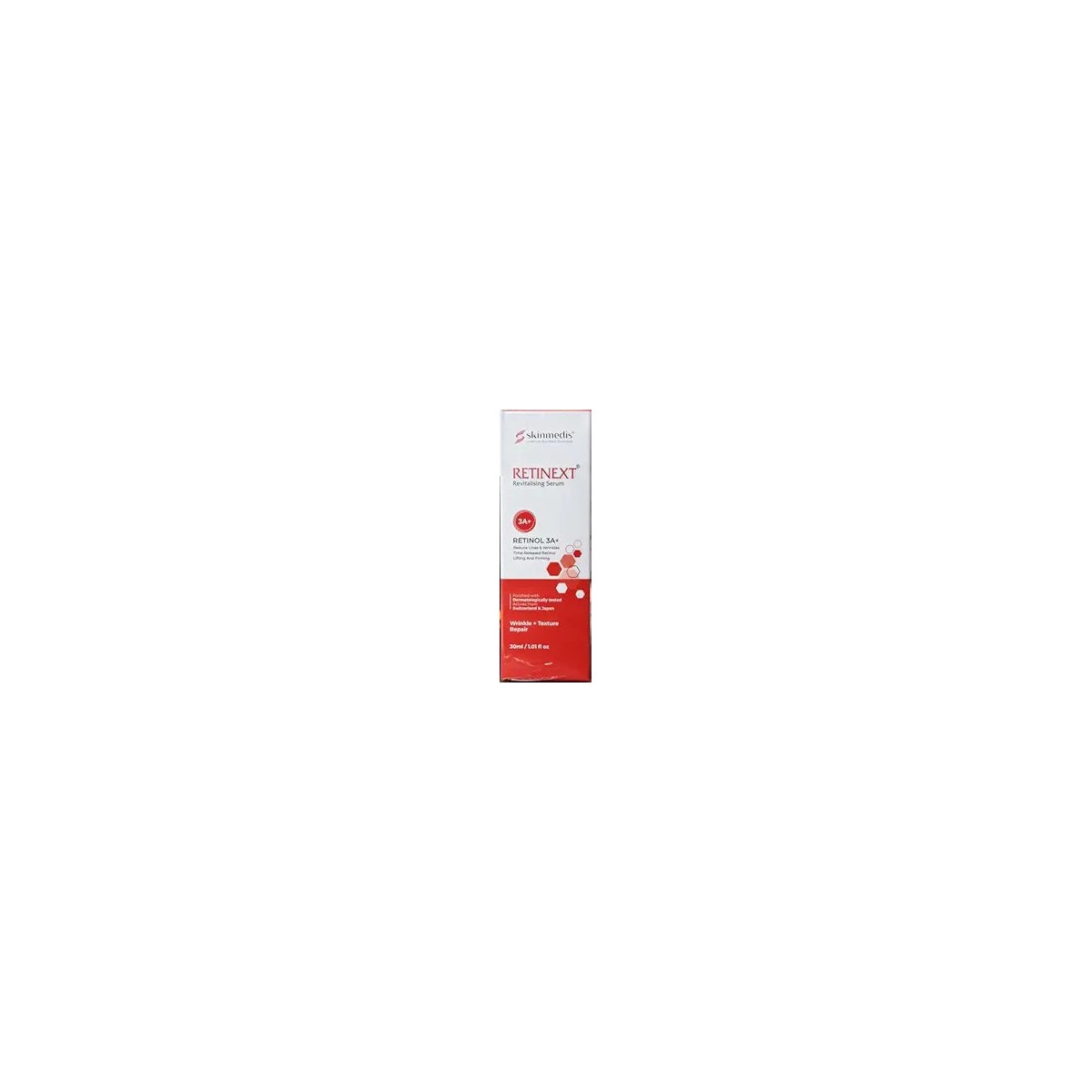 Skinmedis Retinext Revitalizing Serum bottle with dropper, showcasing the skincare product for rejuvenation and skin renewal.