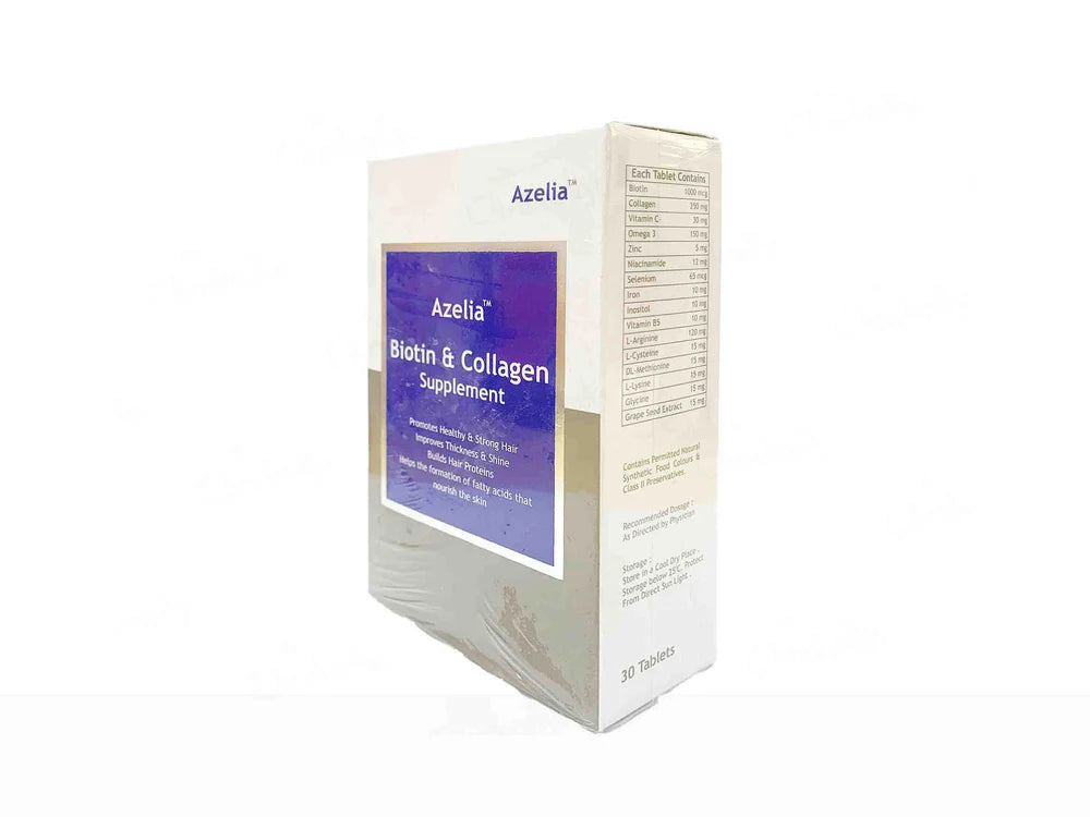 Allodermis Azelia Biotin and Collagen supplement tablets in a white bottle with tablets visible inside.