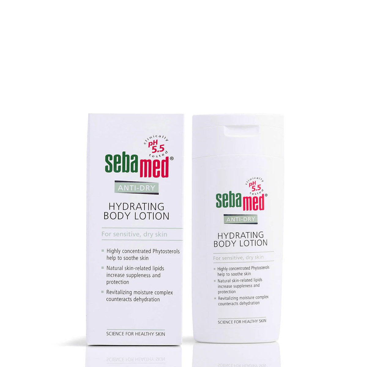 Allodermis Sebamed Anti-Dry Hydrating Body Lotion bottle with pump for moisturizing and soothing dry skin.