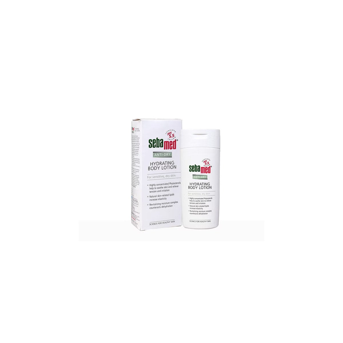 Sebamed Anti-Dry Hydrating Body Lotion for sensitive dry skin, showing a white bottle with blue and green label on a white background.