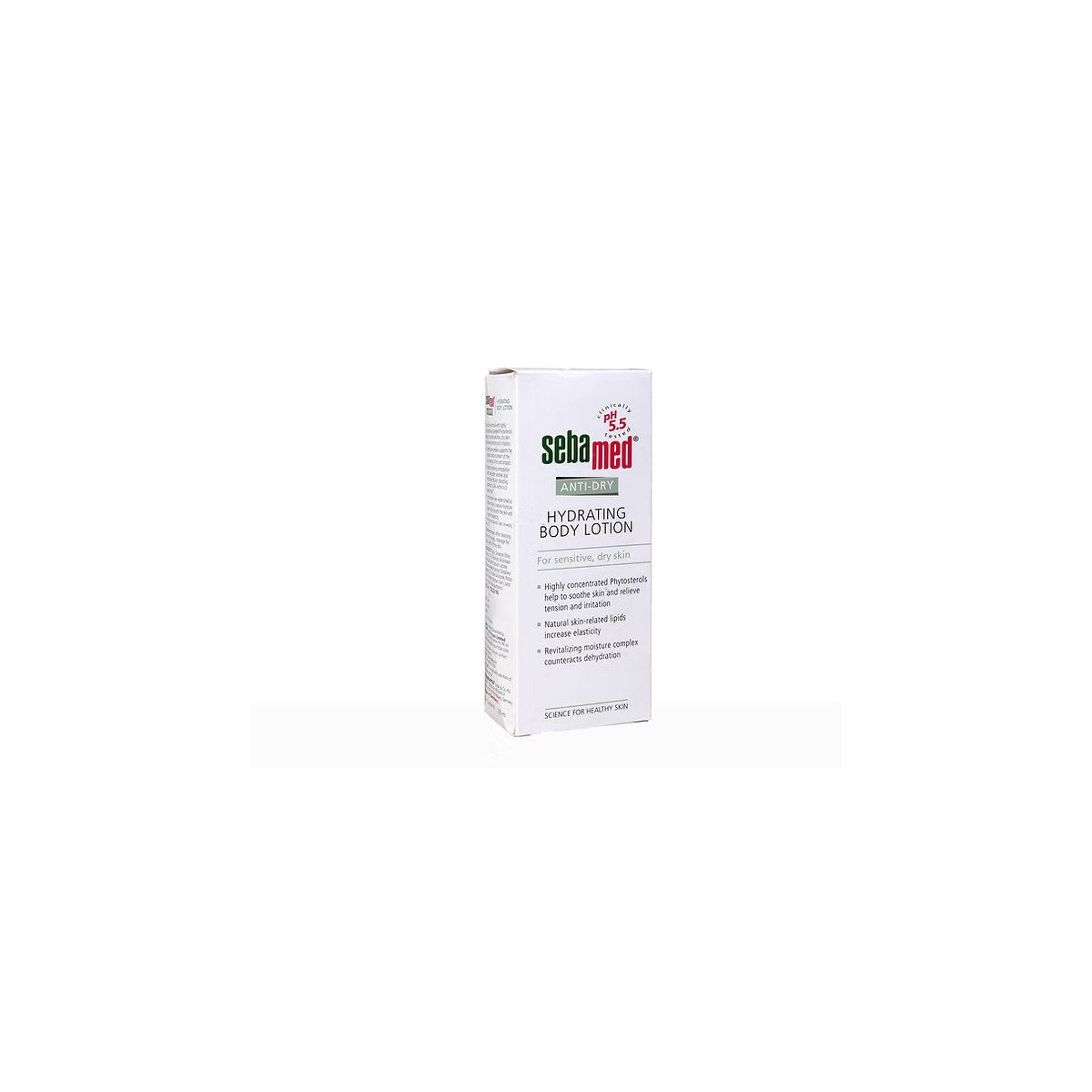 Sebamed Anti-Dry Hydrating Body Lotion for sensitive, dry skin, shown in a clear bottle with white cap on a plain background.