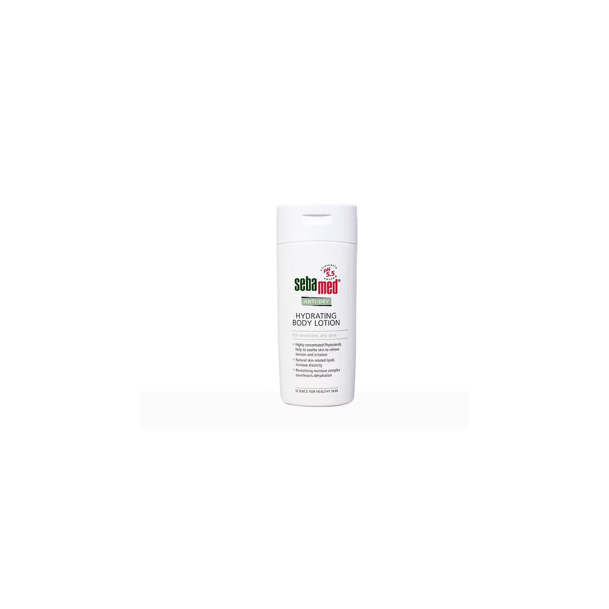 Sebamed Anti-Dry Hydrating Body Lotion for sensitive, dry skin with a pump dispenser, in a white bottle with blue accents.