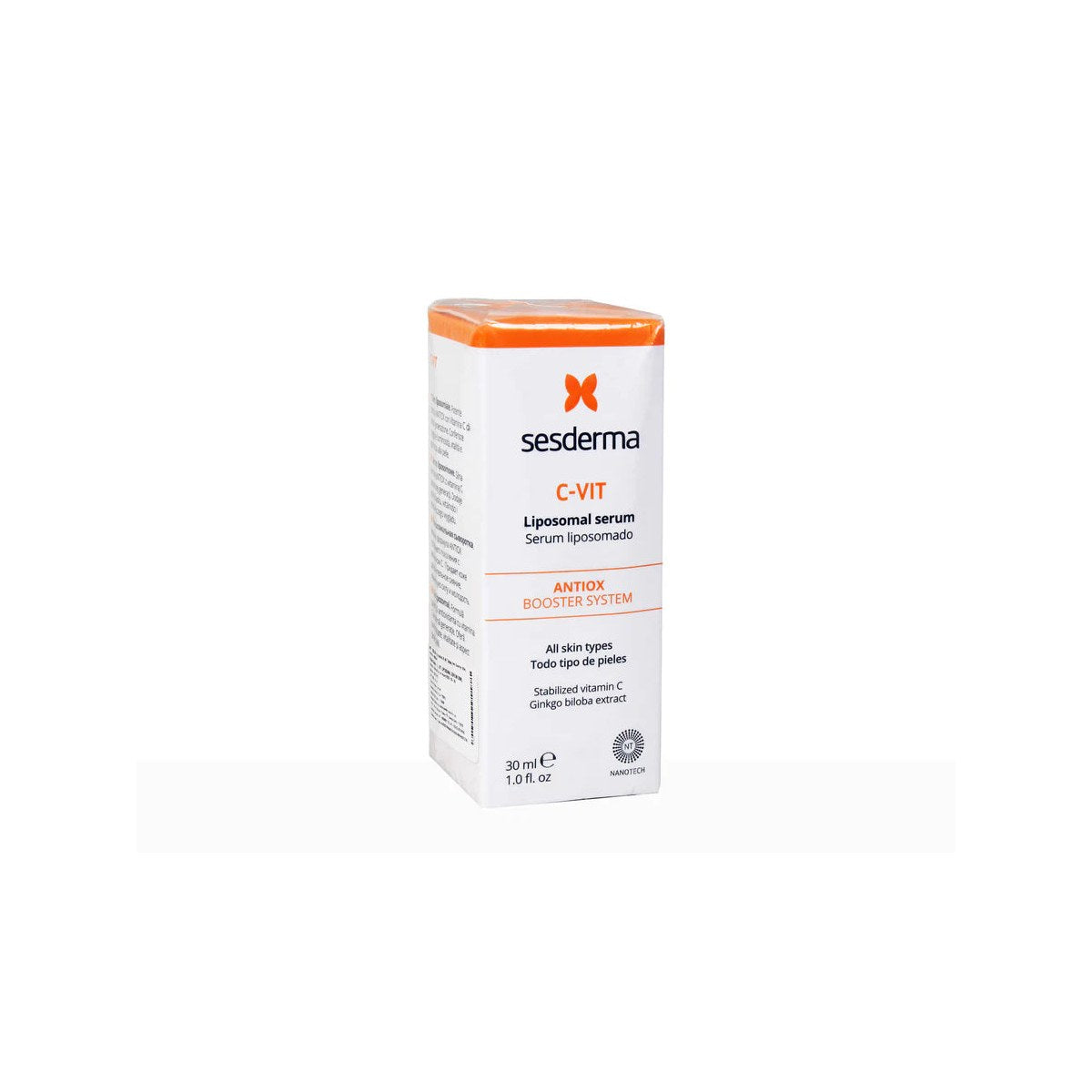 Sesderma C-VIT Liposomal Serum in 30ml bottle, featuring a clear dropper and vibrant orange label, designed for brightening skin.