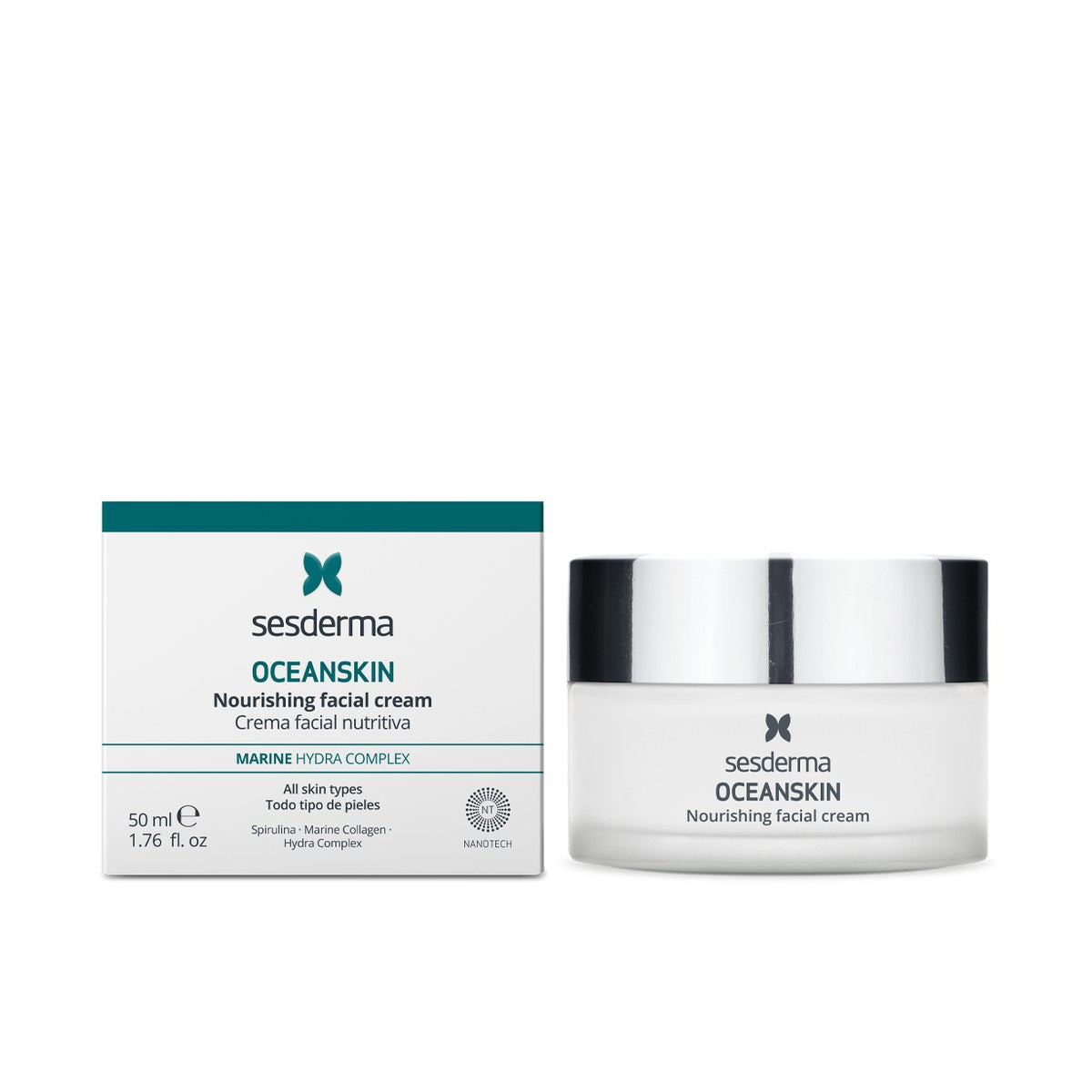 Allodermis Sesderma Ocean Skin Nourishing Facial Cream in a jar, showcasing its creamy texture and packaging for hydrating skin.