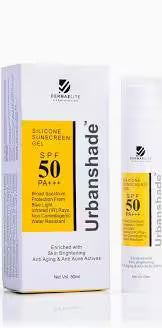 M/s Samrvir Biotech Pvt. Ltd. Urbanshade Silicone Sunscreen Gel SPF 50 PA +++ in a clear jar with a white lid.