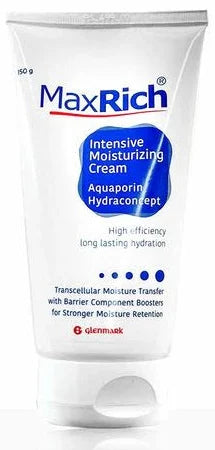Glenmark MaxRich YU Daily Use Cream in a jar, showing the cream's smooth texture and packaging for skin repair.