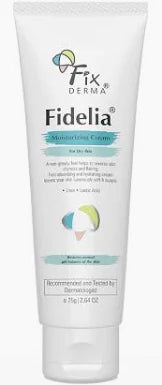 Fixderma Fidelia Moisturizing Cream jar with smooth cream texture, designed for hydration and skin nourishment.