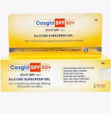 Aurochem Cosglo Silicone Sunscreen Gel SPF 50+ in a clear tube, showing the smooth gel texture and SPF label.