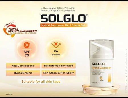 Cheryl Solglo Hybrid Sunscreen SPF 70 PA++++ in 50ml bottle with a pump dispenser, suitable for face and skin protection.