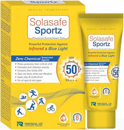 Allodermis Solasafe Sportz Physical Sunscreen Gel SPF 50+ PA+++ in a transparent tube, showcasing its smooth gel texture.