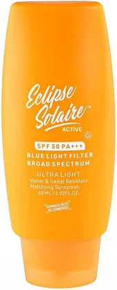 Yuderma Eclipse Solaire Active Sunscreen SPF 50 PA+++ bottle with protective cap, bright packaging, and product label visible.