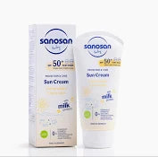 Sanosan Baby Sun Cream SPF 50+ in a tube, suitable for gentle baby skin, with SPF protection from Glowderma Lab Prt.Ltd.