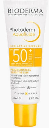 Bioderma Photoderm Aquafluide SPF 50+ by NAOS LES LABORATOIRES, lightweight invisible sun protection fluid in a sleek bottle.