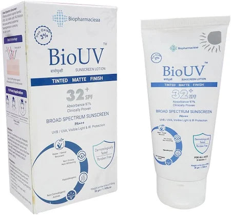 Sun Chem BioUV tinted matte sunscreen lotion SPF 32+ PA+++ showing a tube with tinted formula and matte finish on the packaging