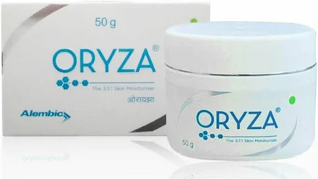 Oryza Skin Moisturizer Cream by Alaina Healthcare for combination and dry skin, shown in a sleek jar with a smooth cream texture.