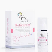 Fixderma Reticuram serum for aging skin in a sleek bottle, shown with a dropper and smooth, radiant skin backdrop.