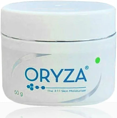 Oryza Skin Moisturiser Cream by Alaina Healthcare for combination and dry skin, shown in a sleek jar with a smooth cream texture.