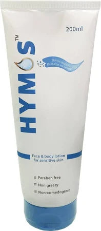Alaina Healthcare Hymos Face and Body Lotion for sensitive skin, creamy white lotion in a pump bottle, suitable for gentle skincare