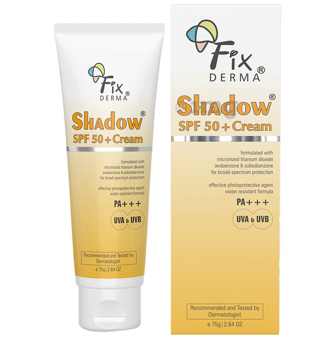 Allodermis Fixderma Shadow Sunscreen Cream in a tube, showcasing the protective sunscreen formula for skin sun protection