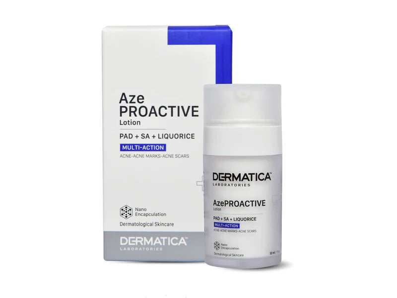 Dermatica Aze Proactive Lotion bottle with pump from Copperpods Cosmetics Pvt Ltd, showing the product and packaging.