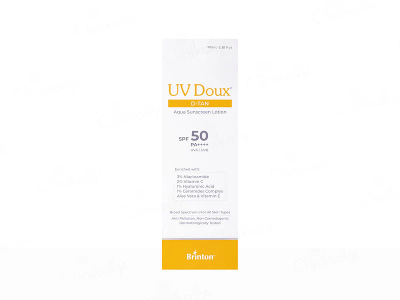 UV Doux D-Tan Aqua Sunscreen Lotion by Brinton Healthcare UK Ltd, bottle with SPF protection and hydrating formula